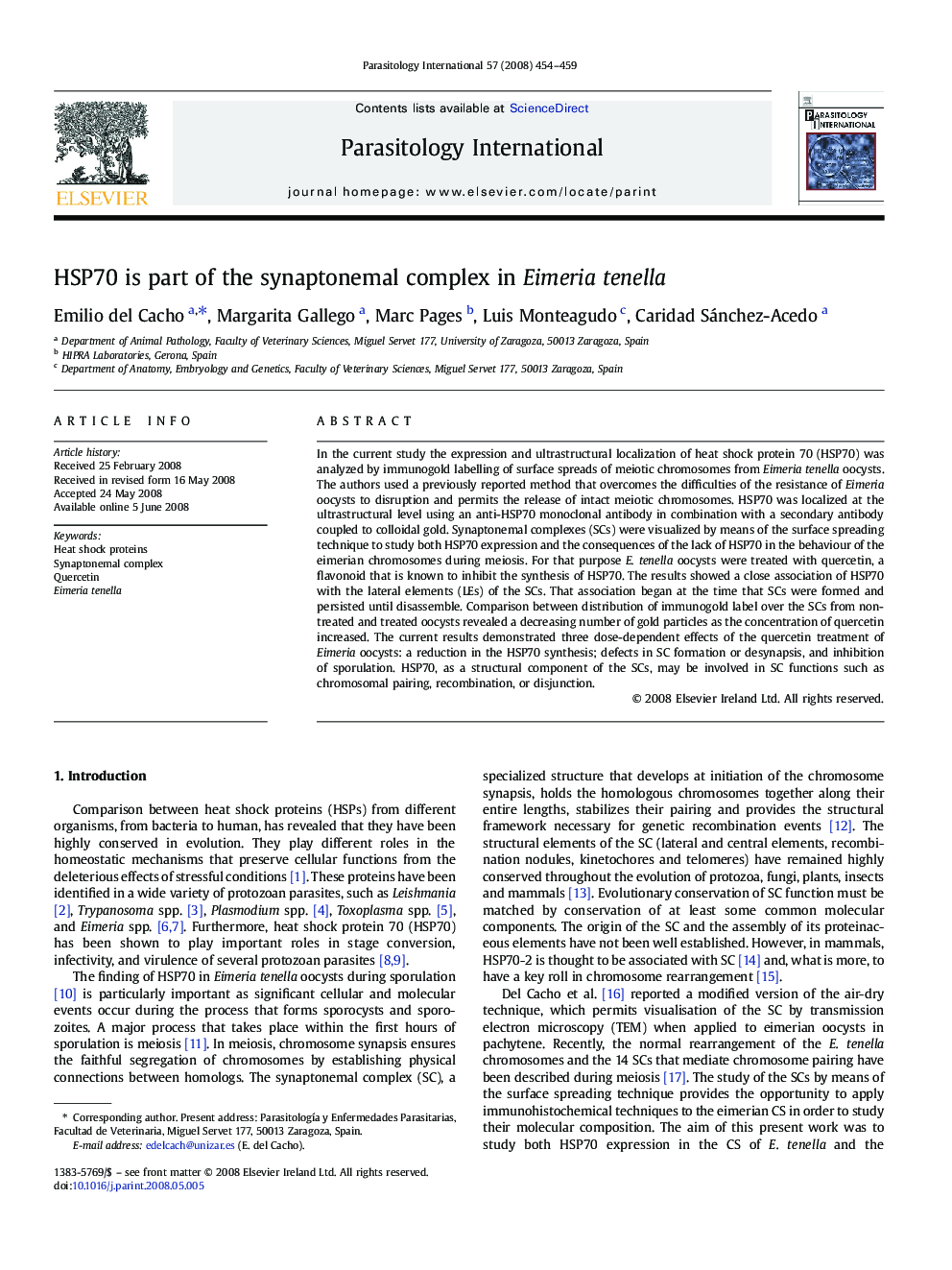 HSP70 is part of the synaptonemal complex in Eimeria tenella