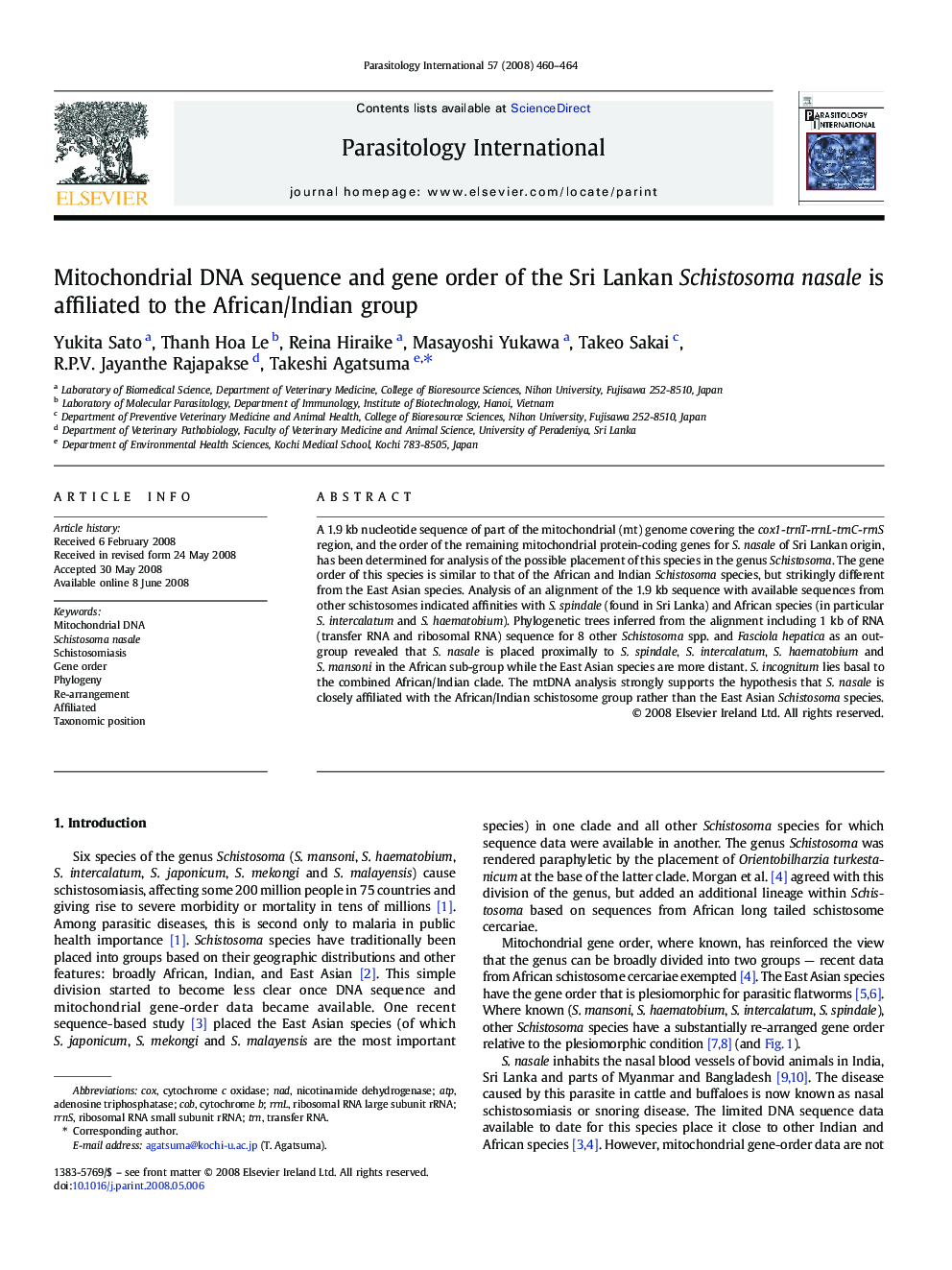 Mitochondrial DNA sequence and gene order of the Sri Lankan Schistosoma nasale is affiliated to the African/Indian group