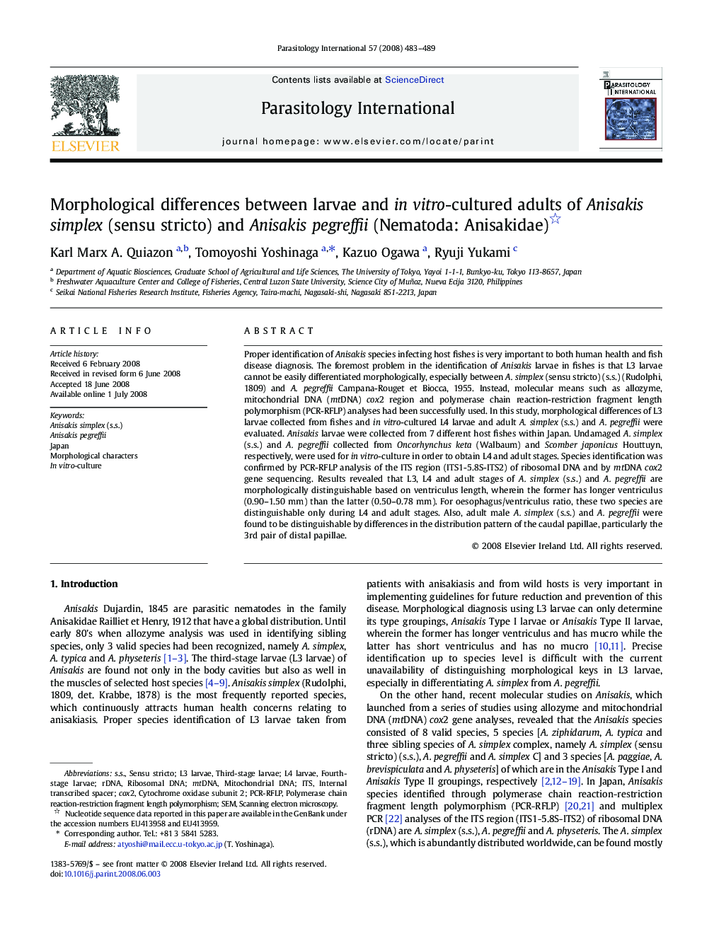 Morphological differences between larvae and in vitro-cultured adults of Anisakis simplex (sensu stricto) and Anisakis pegreffii (Nematoda: Anisakidae) 