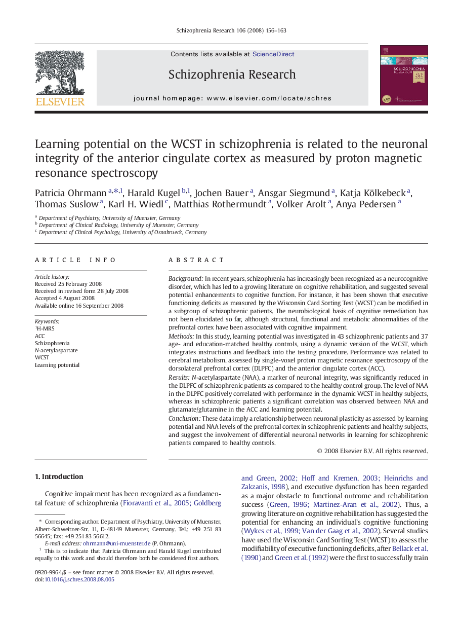 Learning potential on the WCST in schizophrenia is related to the neuronal integrity of the anterior cingulate cortex as measured by proton magnetic resonance spectroscopy