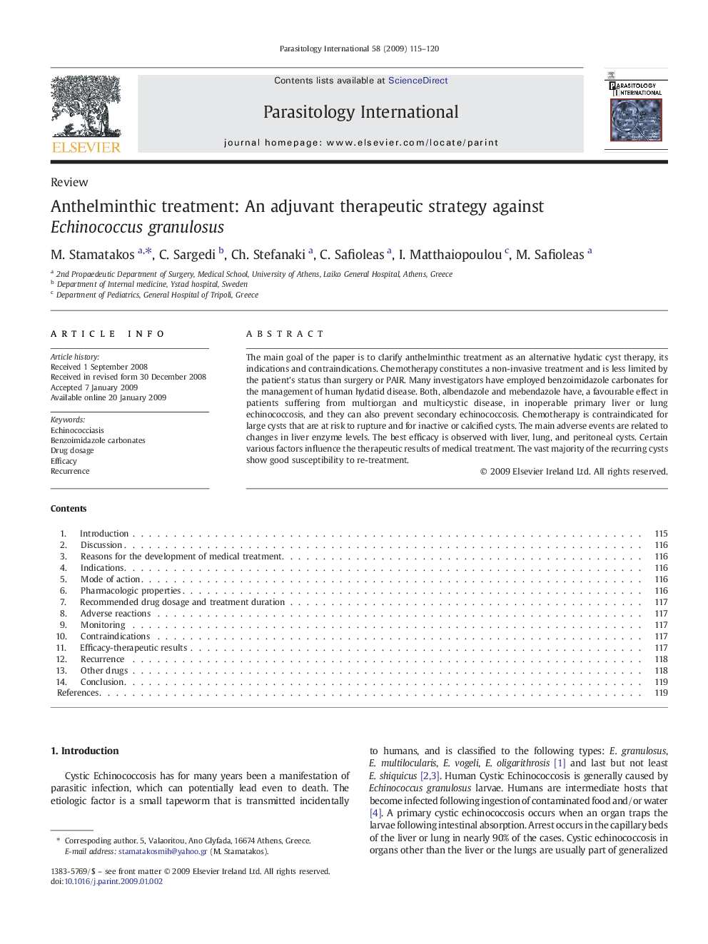 Anthelminthic treatment: An adjuvant therapeutic strategy against Echinococcus granulosus