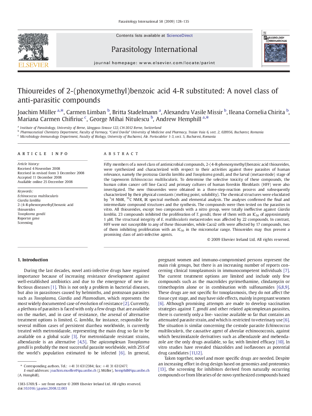 Thioureides of 2-(phenoxymethyl)benzoic acid 4-R substituted: A novel class of anti-parasitic compounds