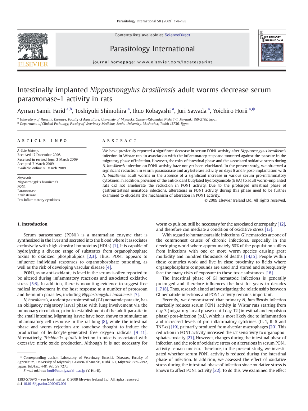 Intestinally implanted Nippostrongylus brasiliensis adult worms decrease serum paraoxonase-1 activity in rats