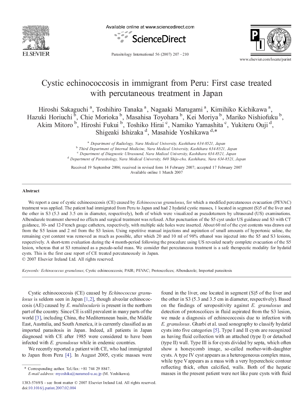 Cystic echinococcosis in immigrant from Peru: First case treated with percutaneous treatment in Japan