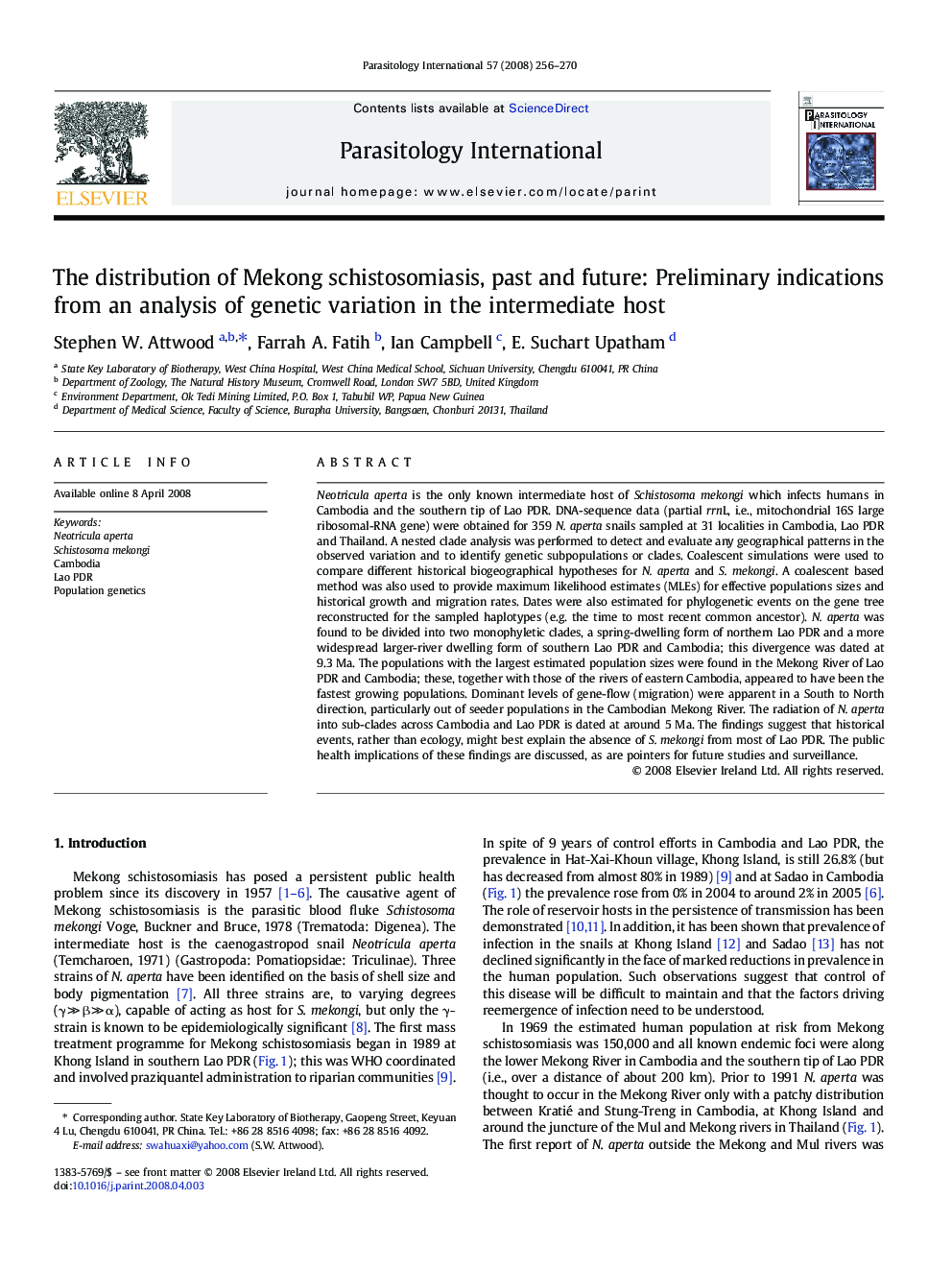 The distribution of Mekong schistosomiasis, past and future: Preliminary indications from an analysis of genetic variation in the intermediate host