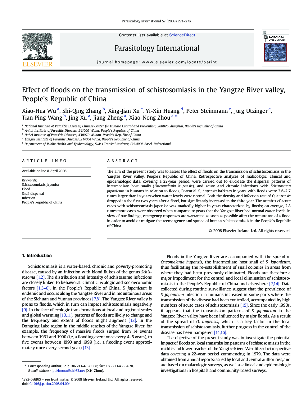 Effect of floods on the transmission of schistosomiasis in the Yangtze River valley, People's Republic of China