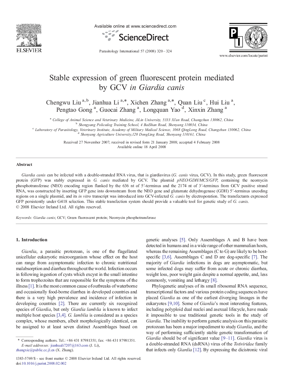 Stable expression of green fluorescent protein mediated by GCV in Giardia canis