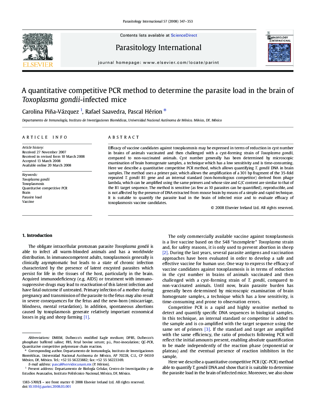 A quantitative competitive PCR method to determine the parasite load in the brain of Toxoplasma gondii-infected mice