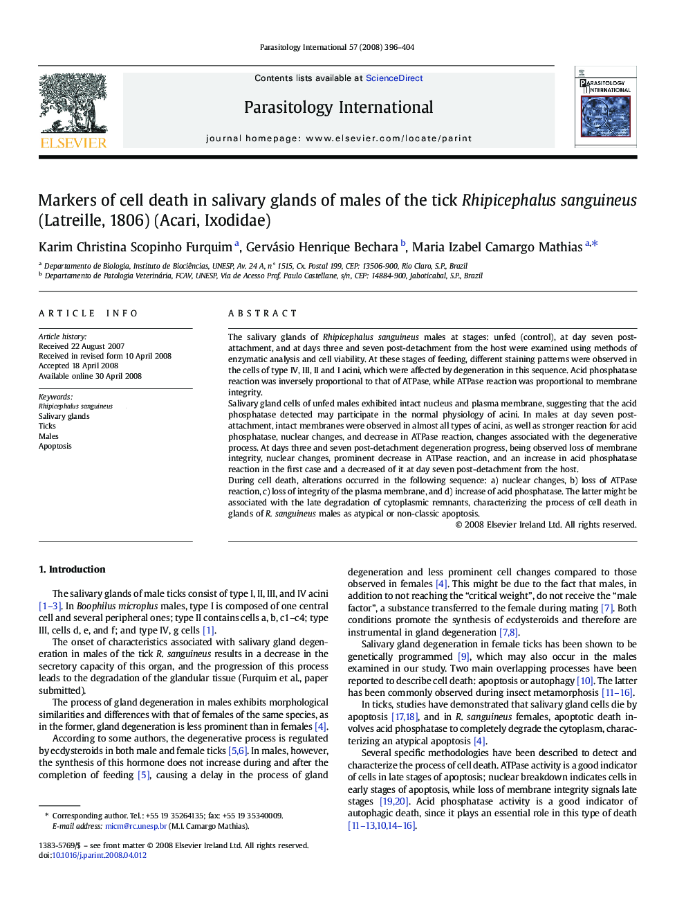 Markers of cell death in salivary glands of males of the tick Rhipicephalus sanguineus (Latreille, 1806) (Acari, Ixodidae)