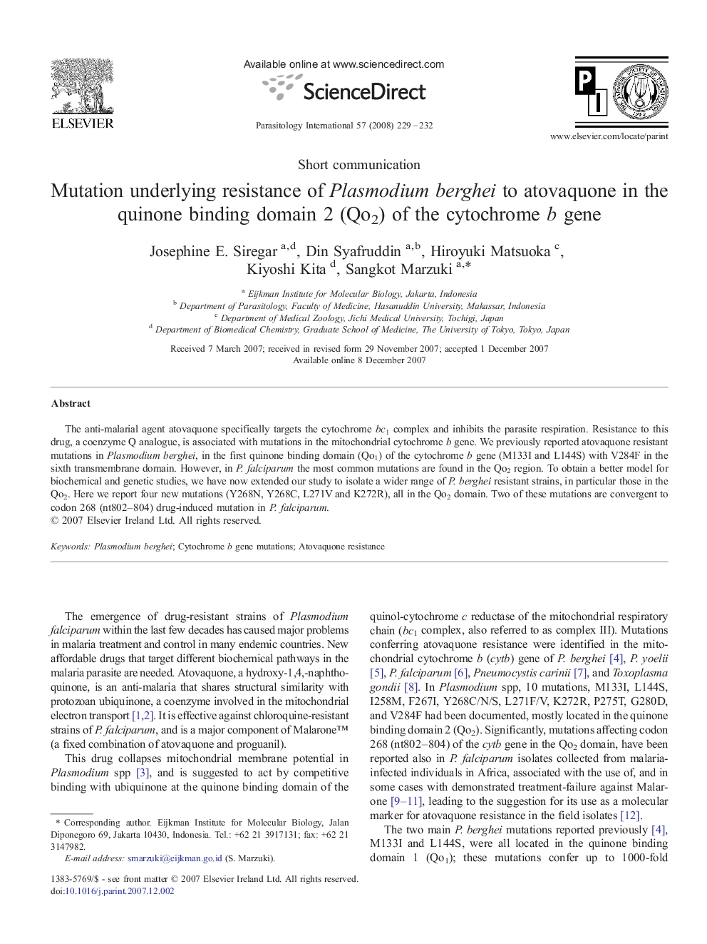 Mutation underlying resistance of Plasmodium berghei to atovaquone in the quinone binding domain 2 (Qo2) of the cytochrome b gene