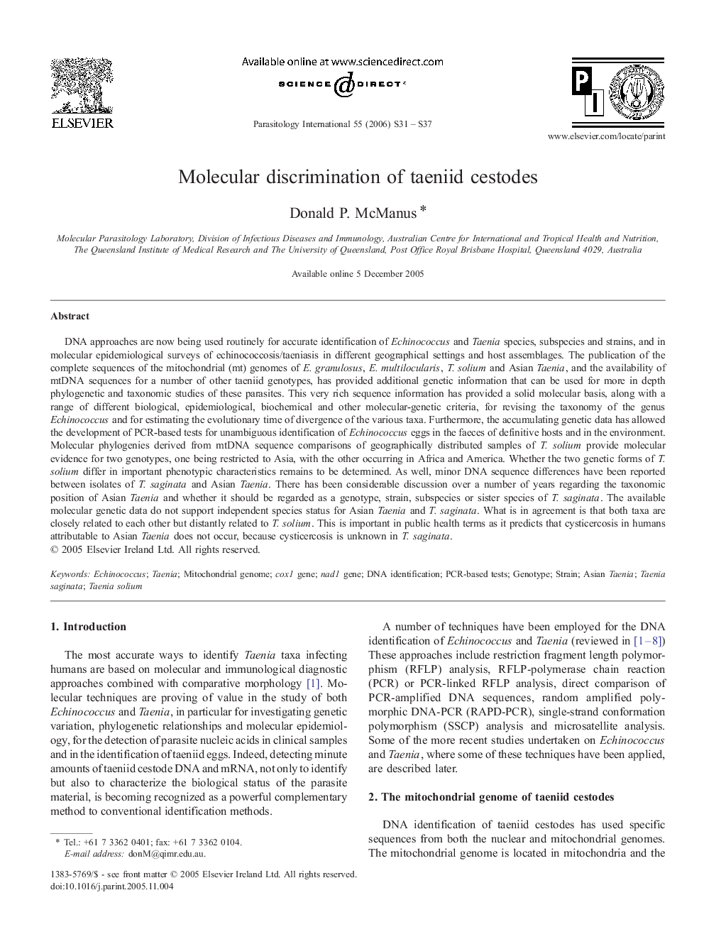 Molecular discrimination of taeniid cestodes