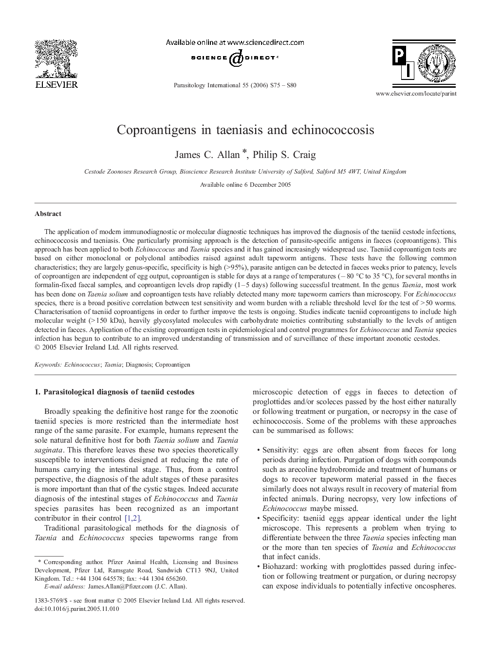 Coproantigens in taeniasis and echinococcosis