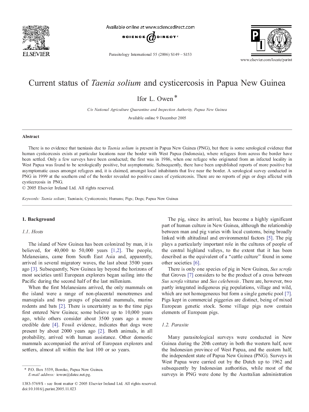 Current status of Taenia solium and cysticercosis in Papua New Guinea