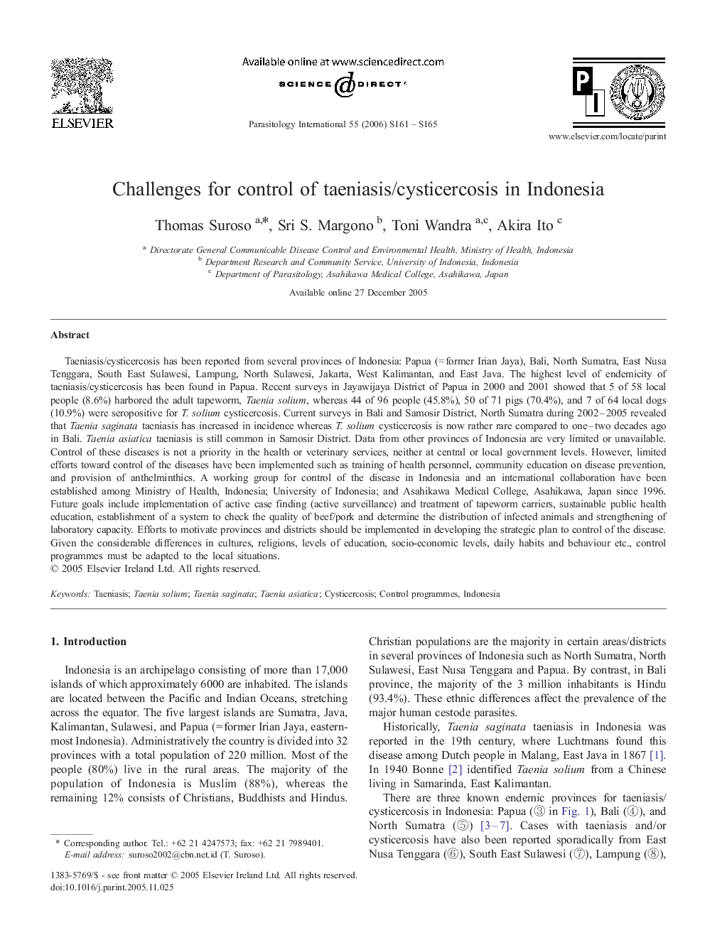 Challenges for control of taeniasis/cysticercosis in Indonesia