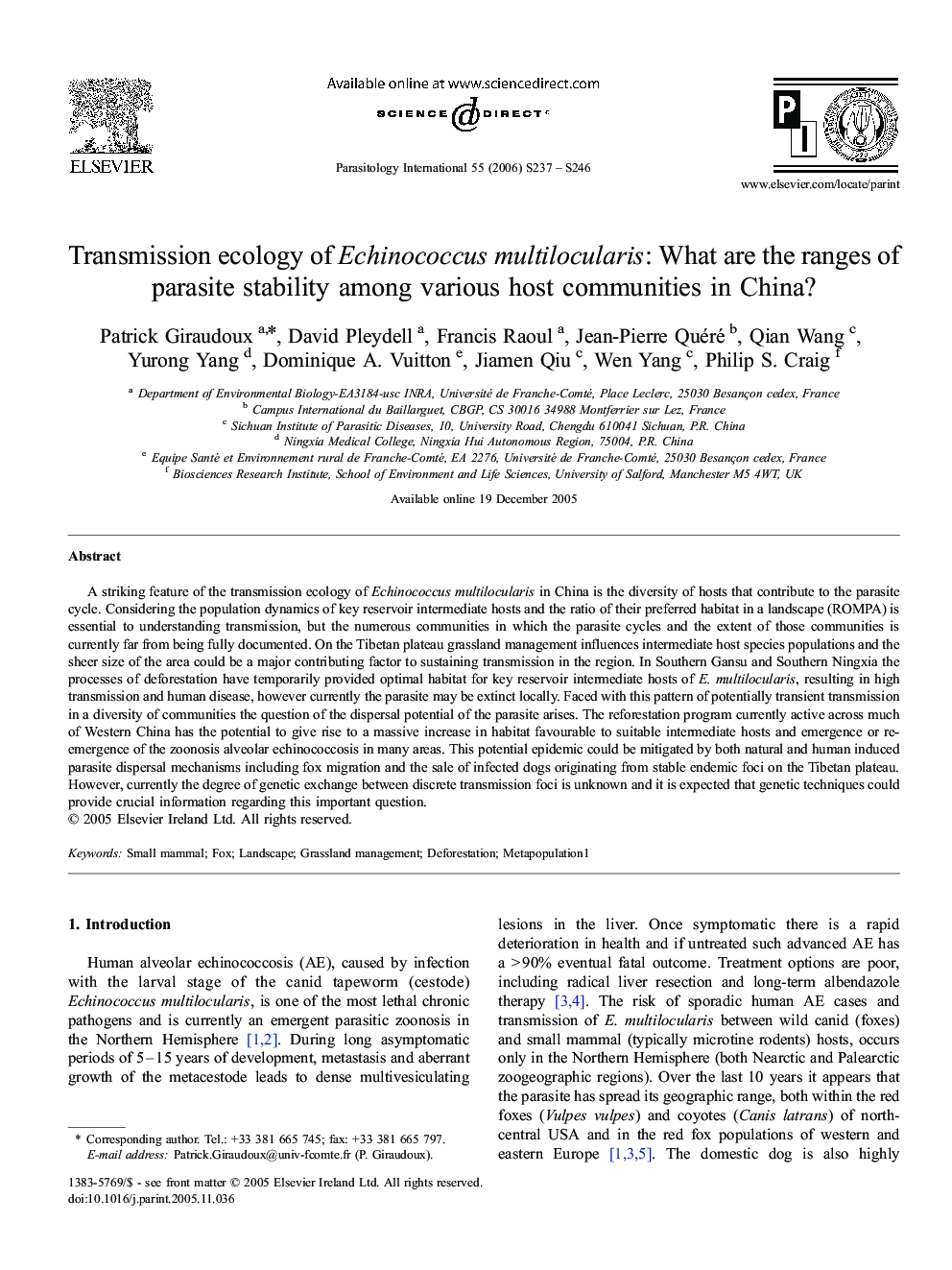 Transmission ecology of Echinococcus multilocularis: What are the ranges of parasite stability among various host communities in China?