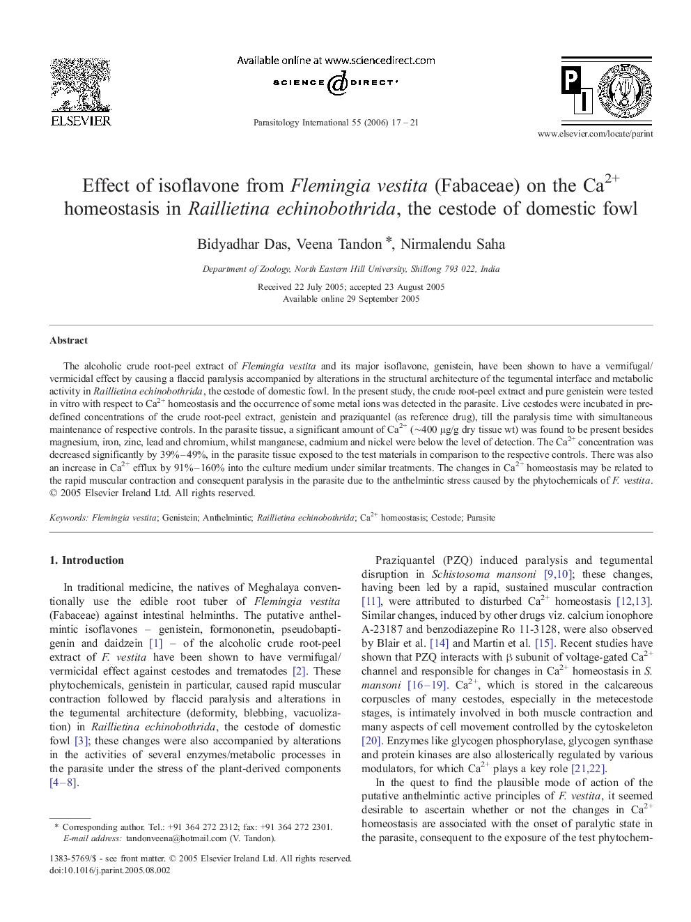 Effect of isoflavone from Flemingia vestita (Fabaceae) on the Ca2+ homeostasis in Raillietina echinobothrida, the cestode of domestic fowl