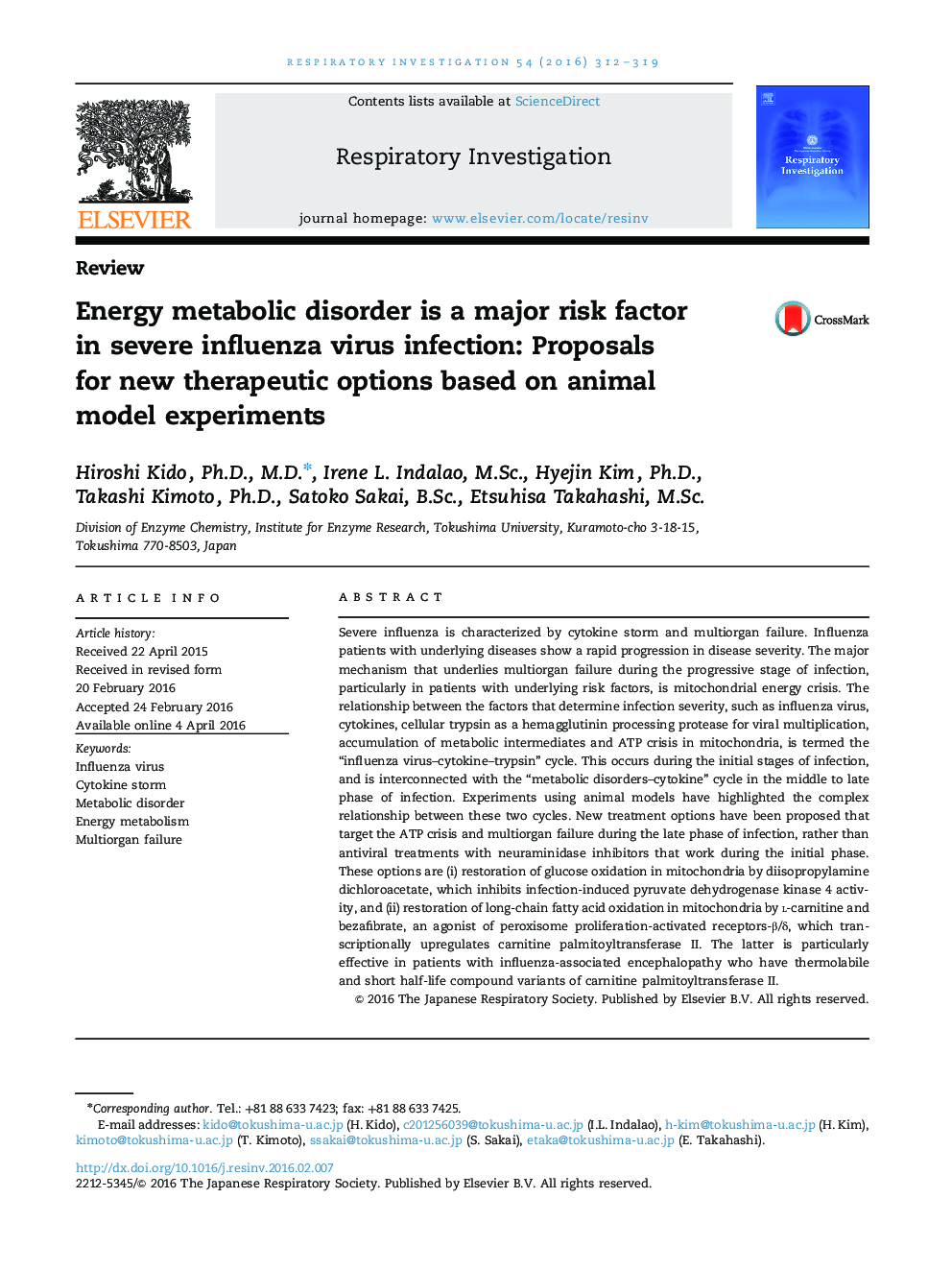 Energy metabolic disorder is a major risk factor in severe influenza virus infection: Proposals for new therapeutic options based on animal model experiments