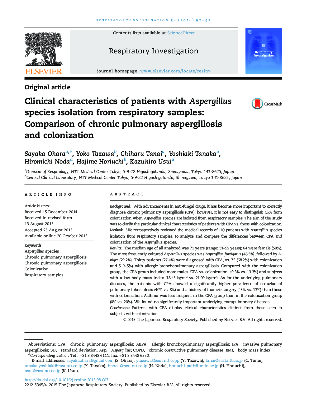 Clinical characteristics of patients with Aspergillus species isolation from respiratory samples: Comparison of chronic pulmonary aspergillosis and colonization