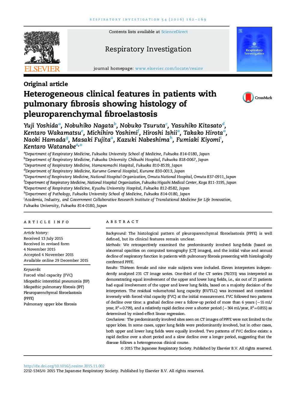 Heterogeneous clinical features in patients with pulmonary fibrosis showing histology of pleuroparenchymal fibroelastosis