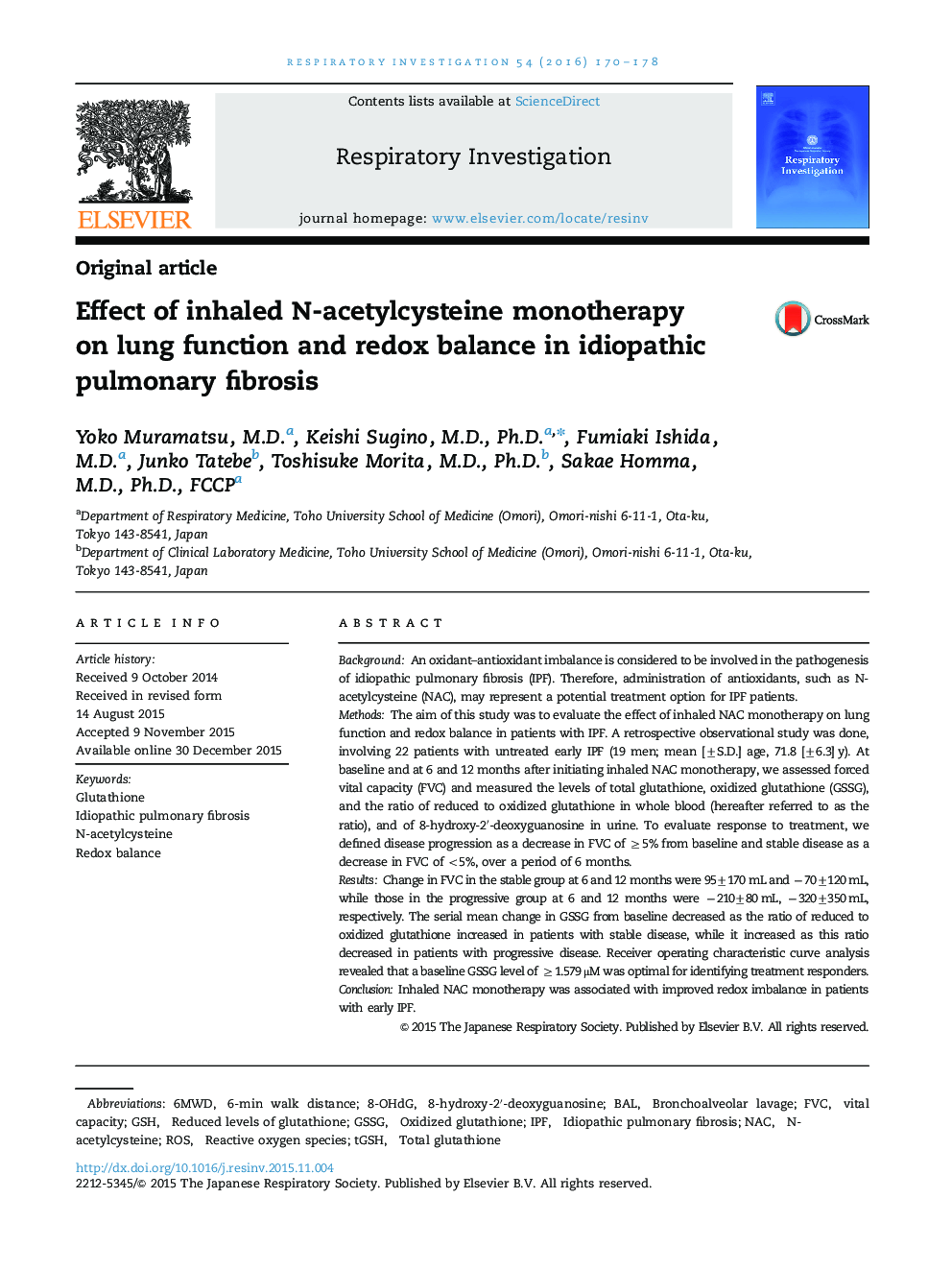 Effect of inhaled N-acetylcysteine monotherapy on lung function and redox balance in idiopathic pulmonary fibrosis