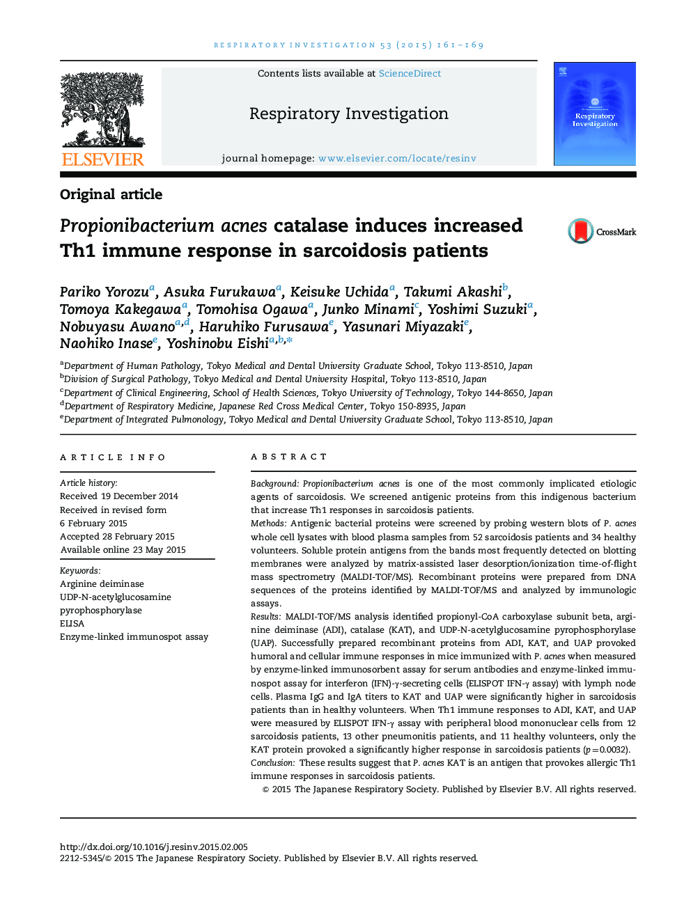 Propionibacterium acnes catalase induces increased Th1 immune response in sarcoidosis patients