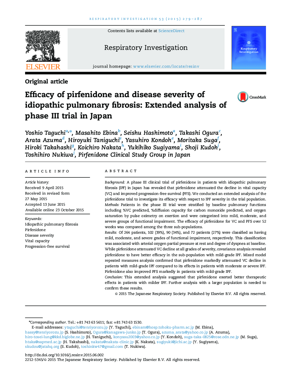 Efficacy of pirfenidone and disease severity of idiopathic pulmonary fibrosis: Extended analysis of phase III trial in Japan