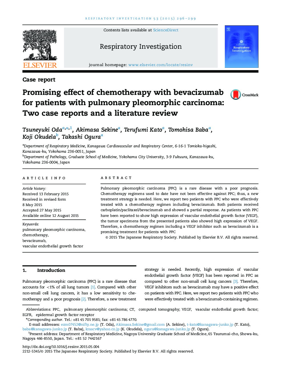 Promising effect of chemotherapy with bevacizumab for patients with pulmonary pleomorphic carcinoma: Two case reports and a literature review