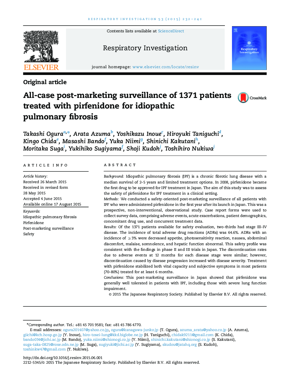 All-case post-marketing surveillance of 1371 patients treated with pirfenidone for idiopathic pulmonary fibrosis