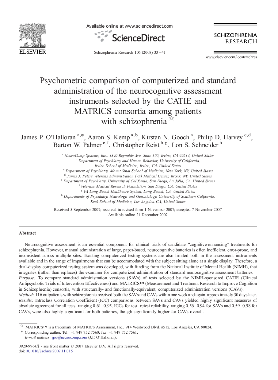 Psychometric comparison of computerized and standard administration of the neurocognitive assessment instruments selected by the CATIE and MATRICS consortia among patients with schizophrenia 