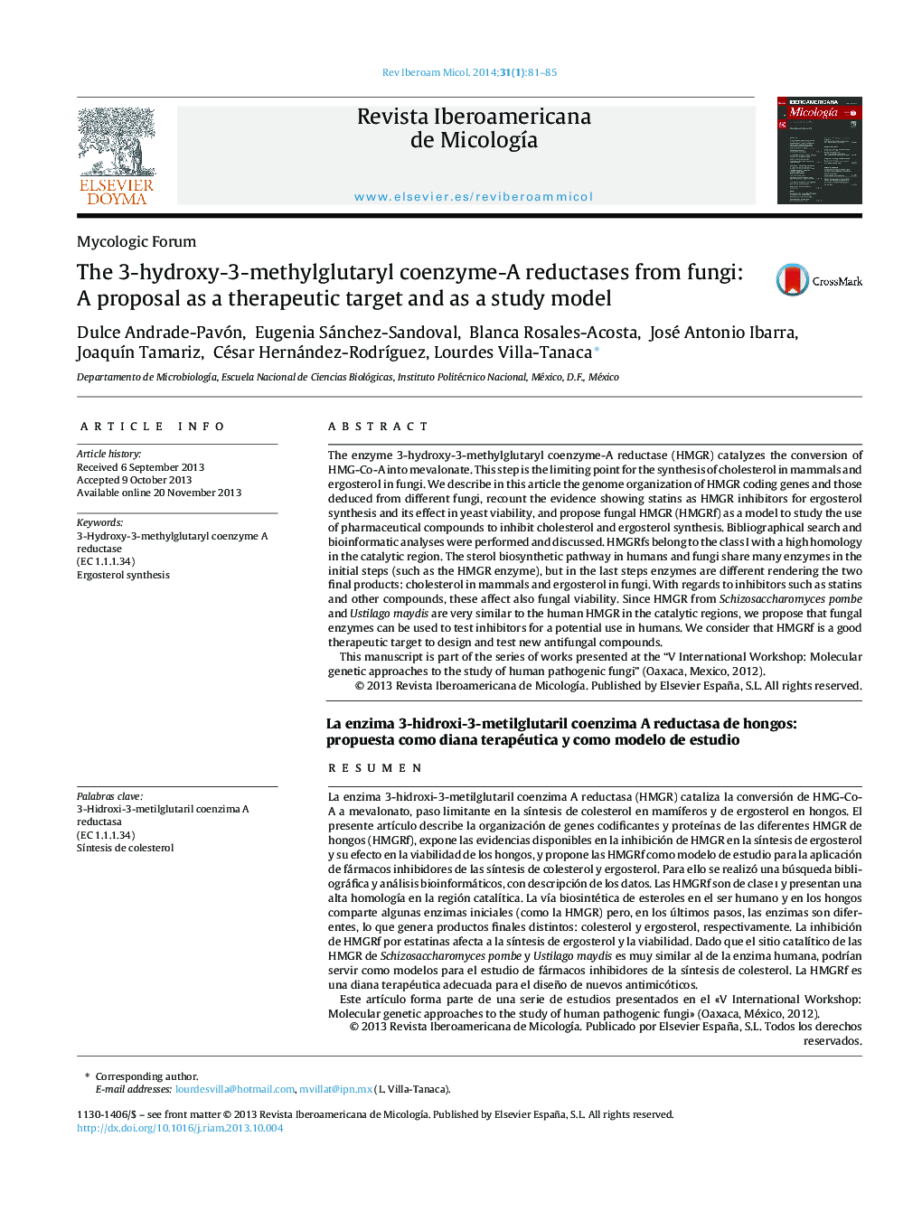 The 3-hydroxy-3-methylglutaryl coenzyme-A reductases from fungi: A proposal as a therapeutic target and as a study model