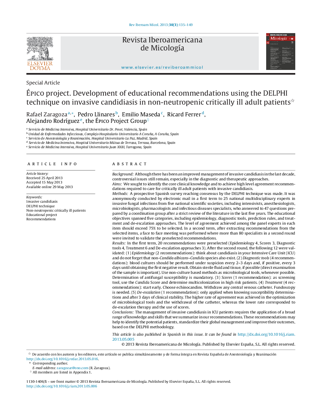 Ãpico project. Development of educational recommendations using the DELPHI technique on invasive candidiasis in non-neutropenic critically ill adult patients