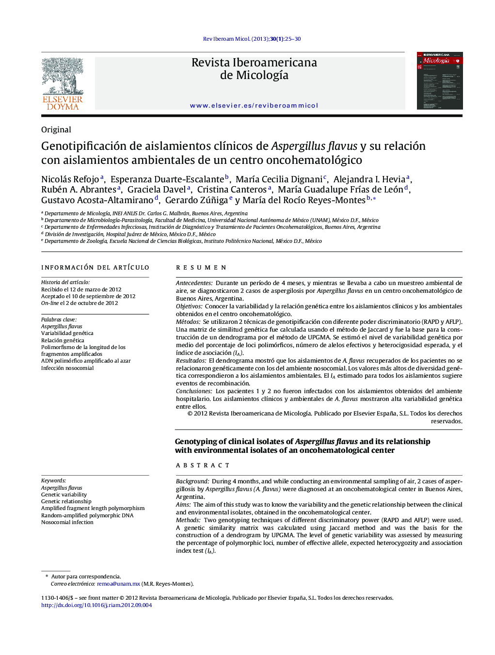 عکس صفحه اول مقاله: Genotipificación de aislamientos clínicos de Aspergillus flavus y su relación con aislamientos ambientales de un centro oncohematológico Genotipificación de aislamientos clínicos de Aspergillus flavus y su relación con aislamientos ambientales de un centro oncohematológico