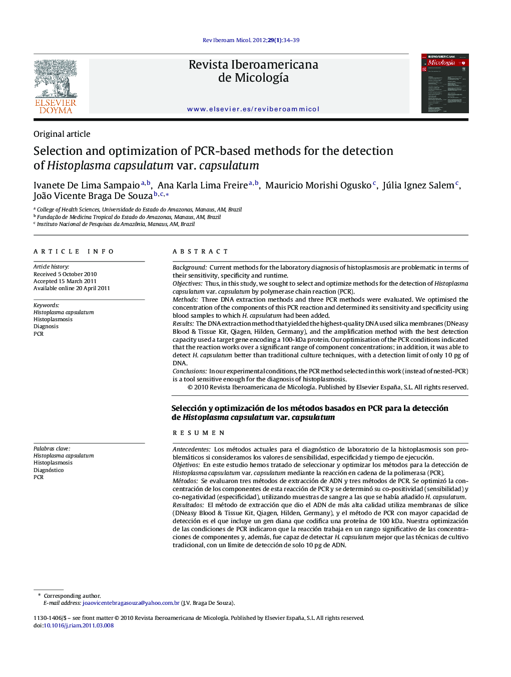 Selection and optimization of PCR-based methods for the detection of Histoplasma capsulatum var. capsulatum