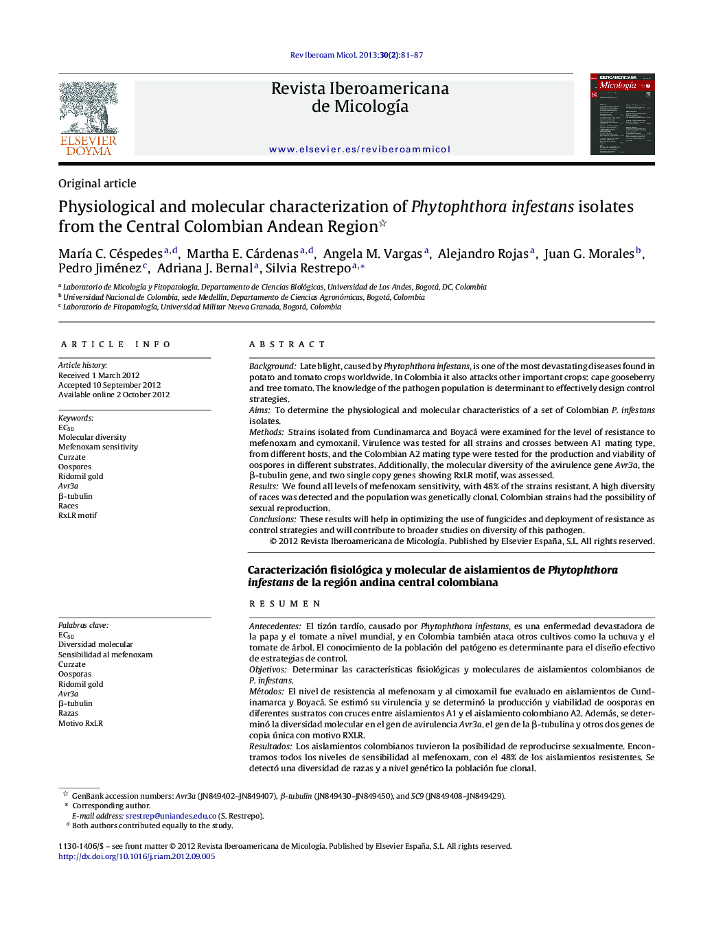 Physiological and molecular characterization of Phytophthora infestans isolates from the Central Colombian Andean Region