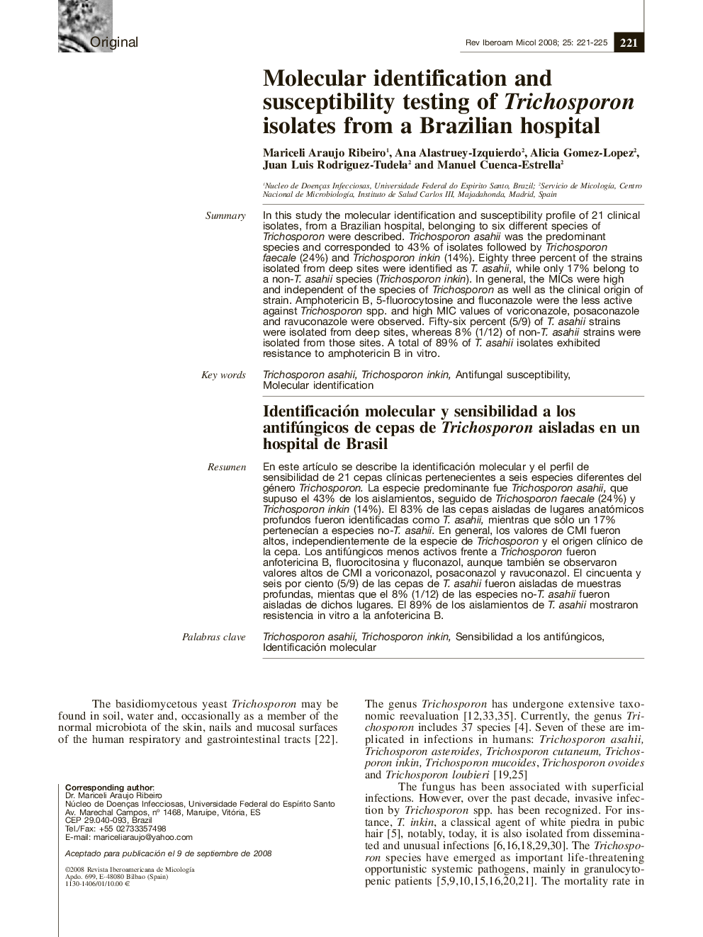 عکس صفحه اول مقاله: Identificación molecular y sensibilidad a los antifúngicos de cepas de Trichosporon aisladas en un hospital de Brasil Identificación molecular y sensibilidad a los antifúngicos de cepas de Trichosporon aisladas en un hospital de Brasil