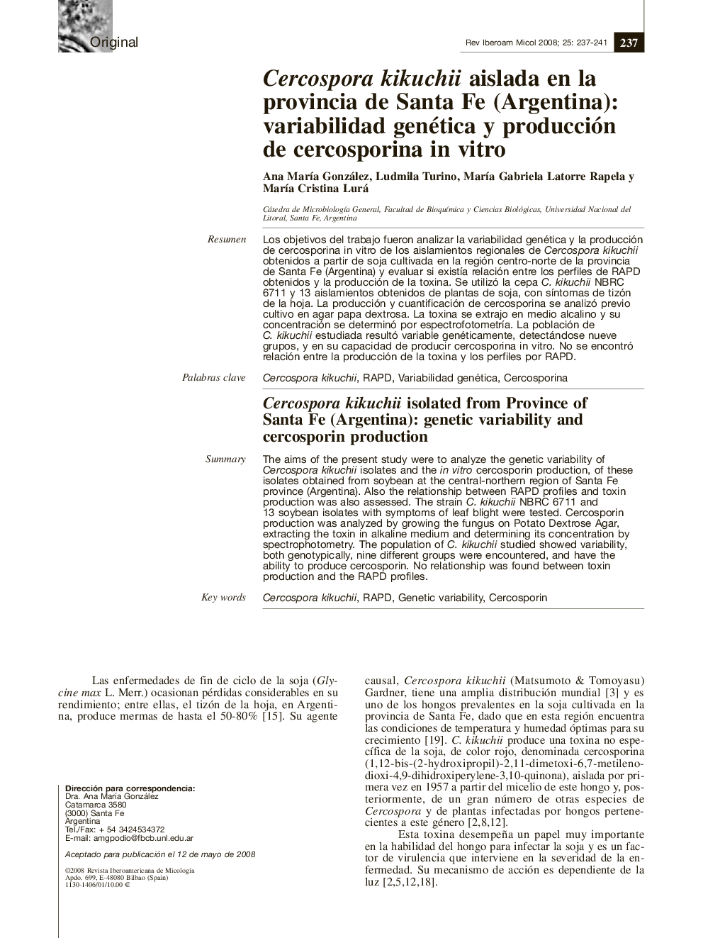 عکس صفحه اول مقاله: Cercospora kikuchii aislada en la provincia de Santa Fe (Argentina): variabilidad genética y producción de cercosporina in vitro Cercospora kikuchii aislada en la provincia de Santa Fe (Argentina): variabilidad genética y producción de cercosporina in vitro