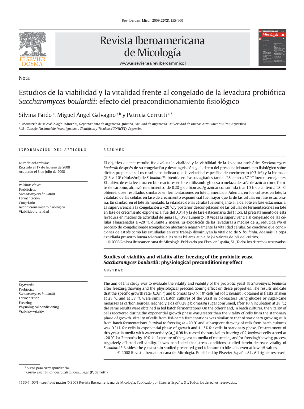 Estudios de la viabilidad y la vitalidad frente al congelado de la levadura probiótica Saccharomyces boulardii: efecto del preacondicionamiento fisiológico