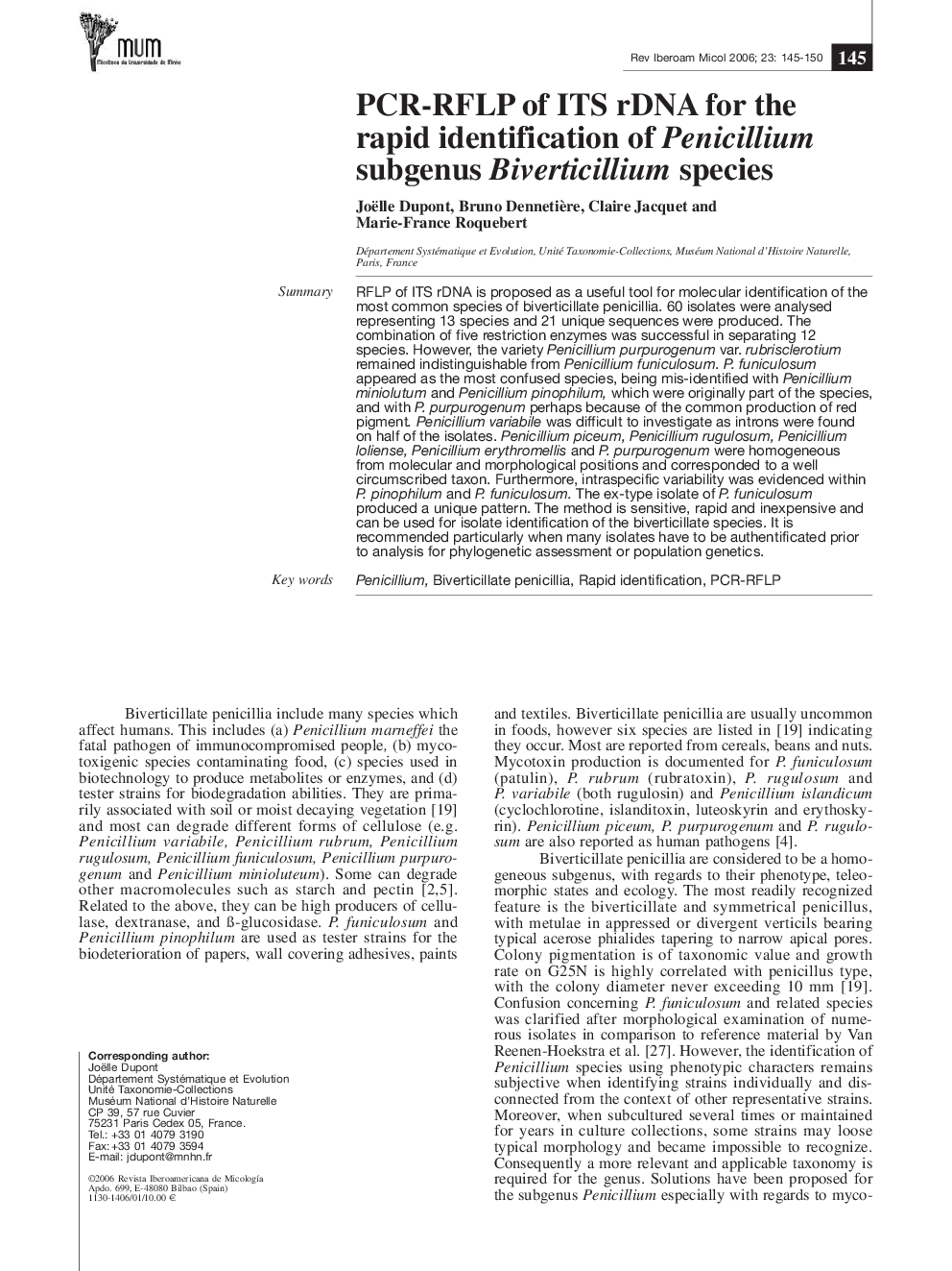 PCR-RFLP of ITS rDNA for the rapid identification of Penicillium subgenus Biverticillium species