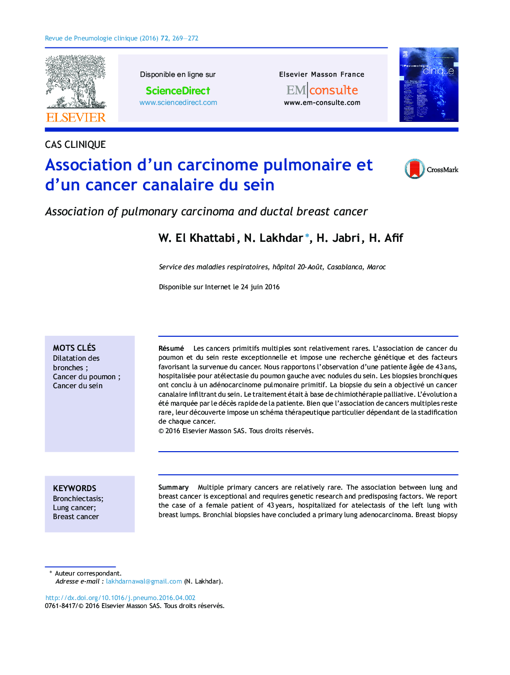 Association d'un carcinome pulmonaire et d'un cancer canalaire du sein