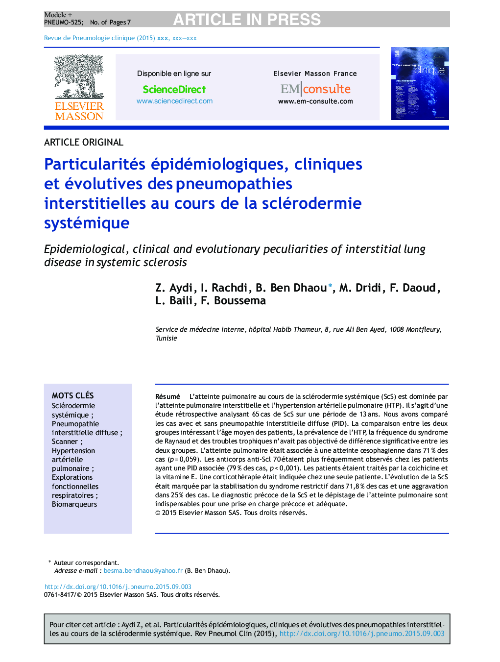 Particularités épidémiologiques, cliniques et évolutives desÂ pneumopathies interstitielles au cours de la sclérodermie systémique