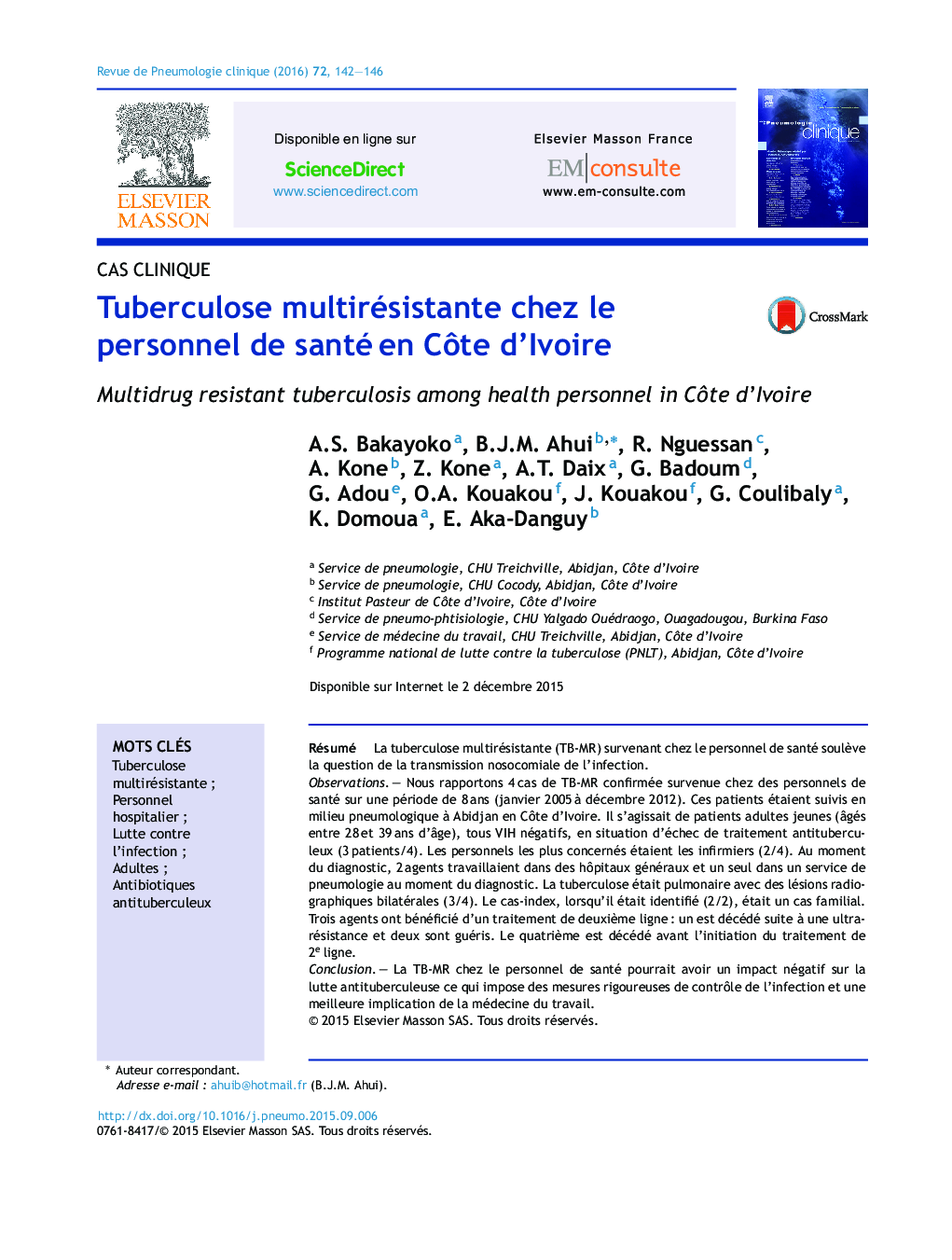 Tuberculose multirésistante chez le personnel de santéÂ en CÃ´te d'Ivoire