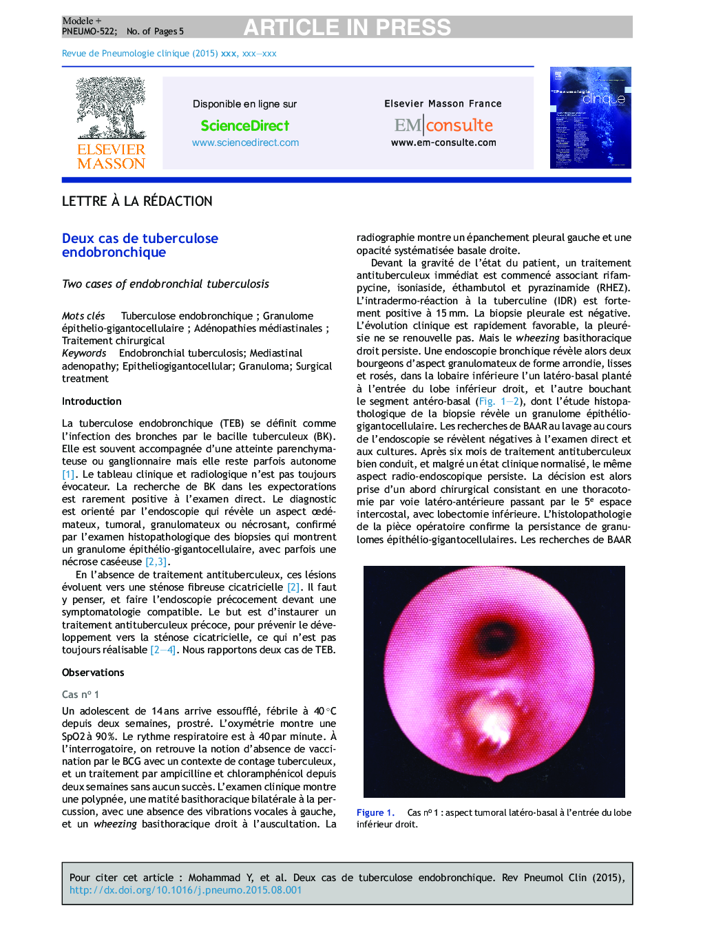 Deux cas de tuberculose endobronchique