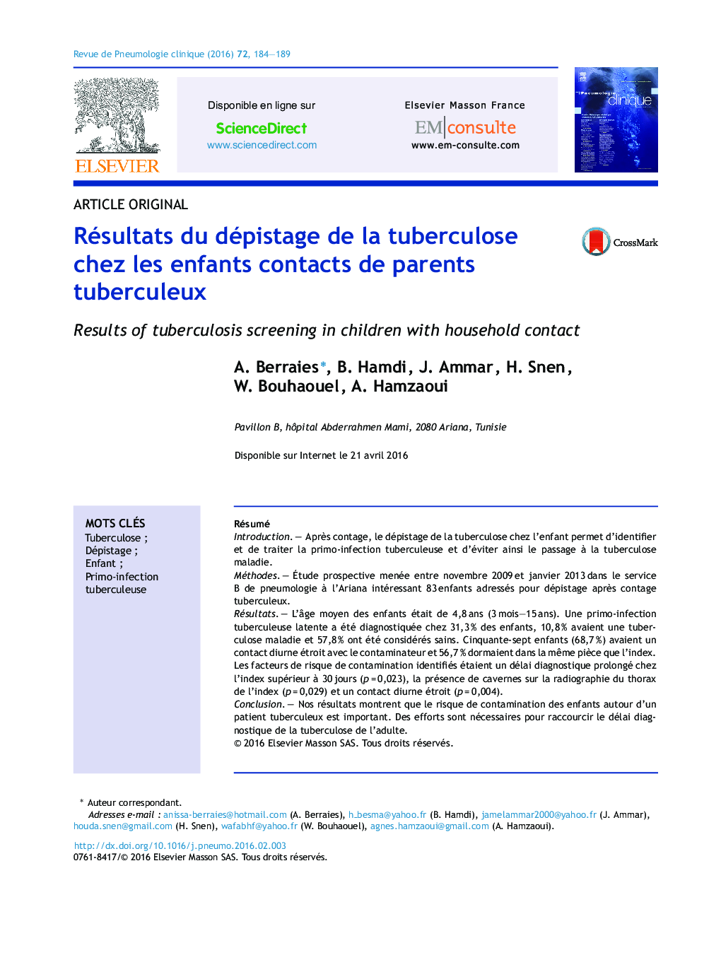 Résultats du dépistage de la tuberculose chez les enfants contacts de parents tuberculeux