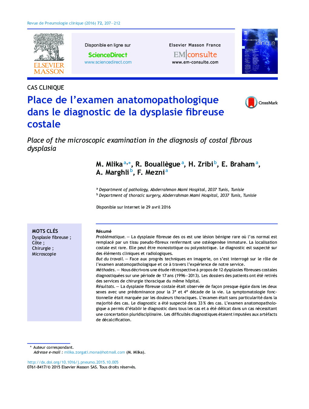 Place de l'examen anatomopathologique dans le diagnostic de la dysplasie fibreuse costale