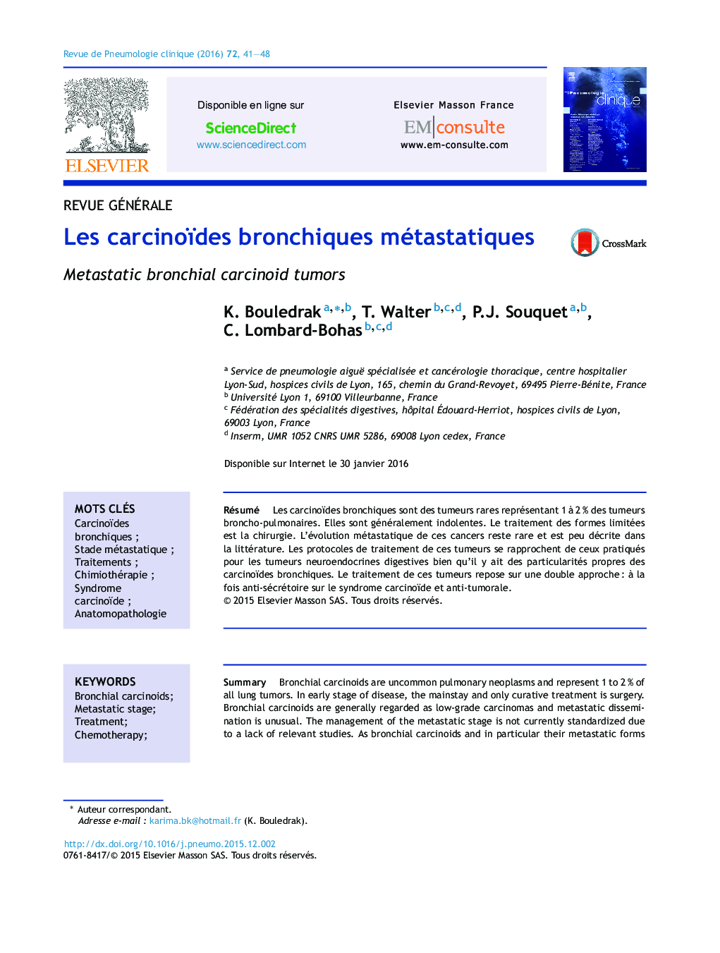 Les carcinoïdes bronchiques métastatiques