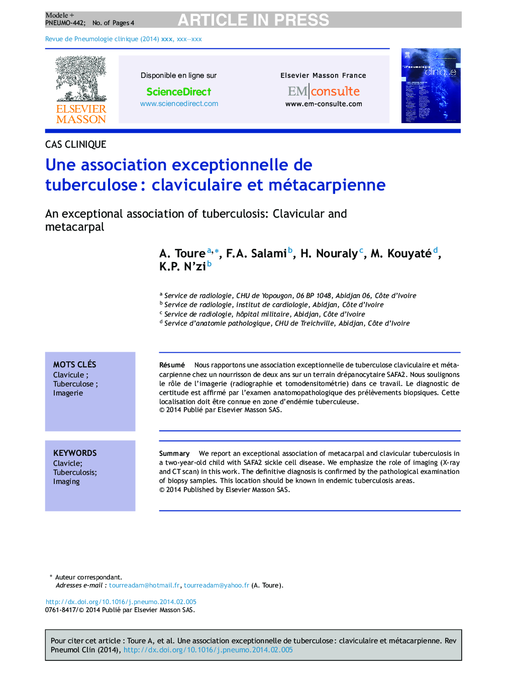 Une association exceptionnelle de tuberculoseÂ : claviculaire et métacarpienne