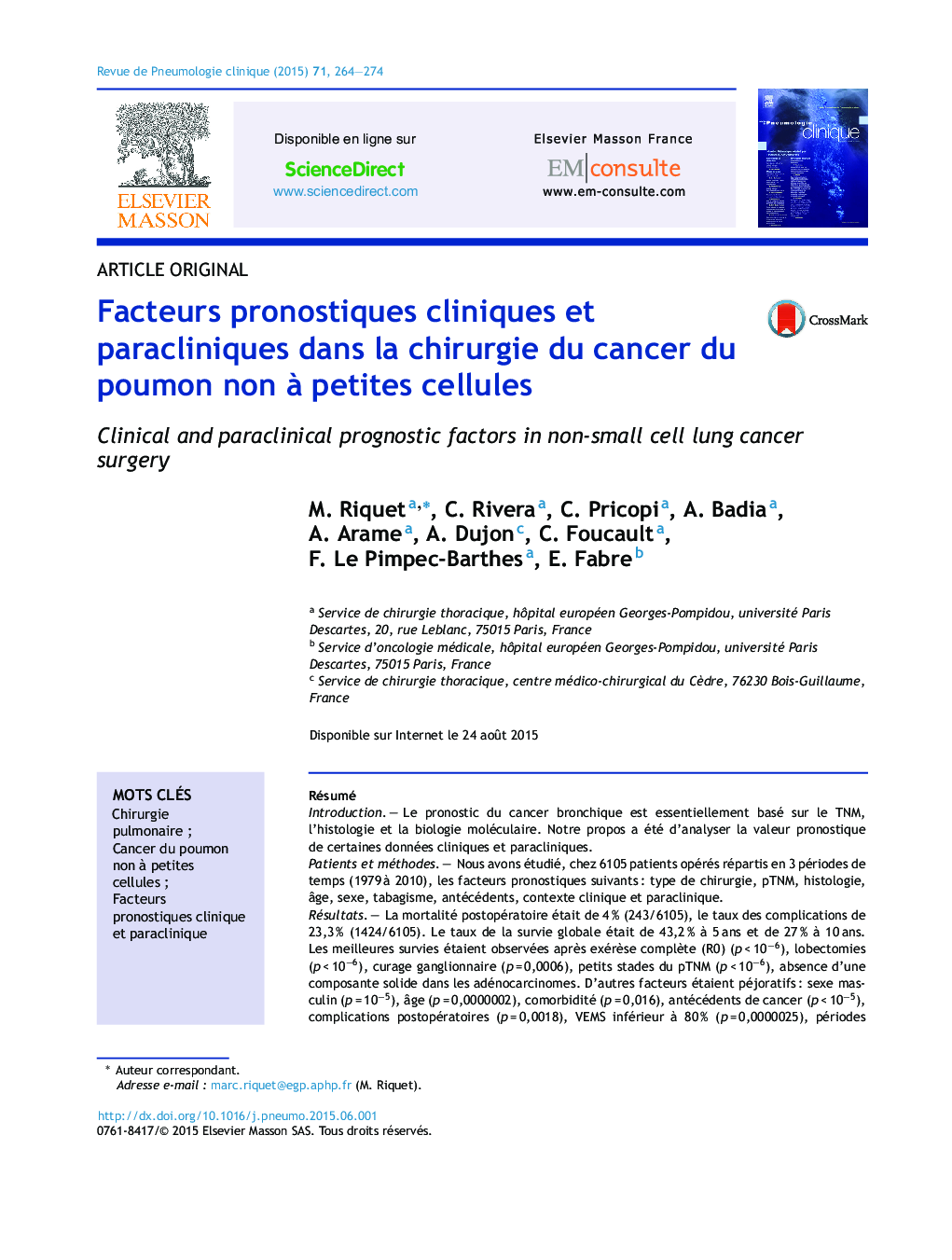 Facteurs pronostiques cliniques et paracliniques dans la chirurgie du cancer du poumon non Ã  petites cellules