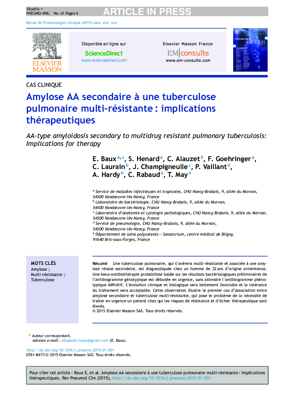 Amylose AA secondaire Ã  une tuberculose pulmonaire multi-résistanteÂ : implications thérapeutiques