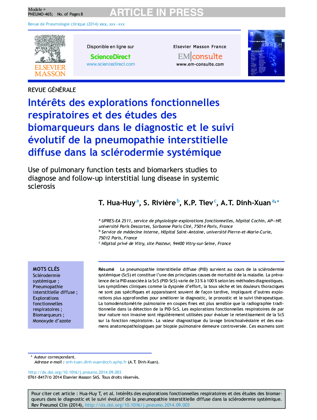 IntérÃªts des explorations fonctionnelles respiratoires et des études des biomarqueurs dans le diagnostic et le suivi évolutif de la pneumopathie interstitielle diffuse dans la sclérodermie systémique