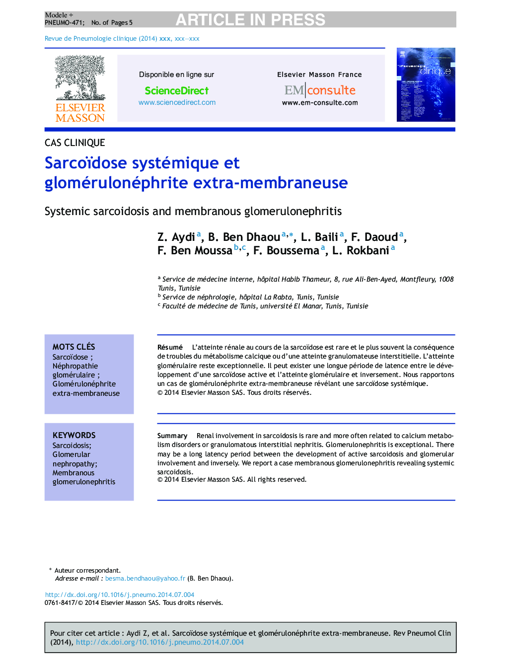 Sarcoïdose systémique et glomérulonéphrite extra-membraneuse